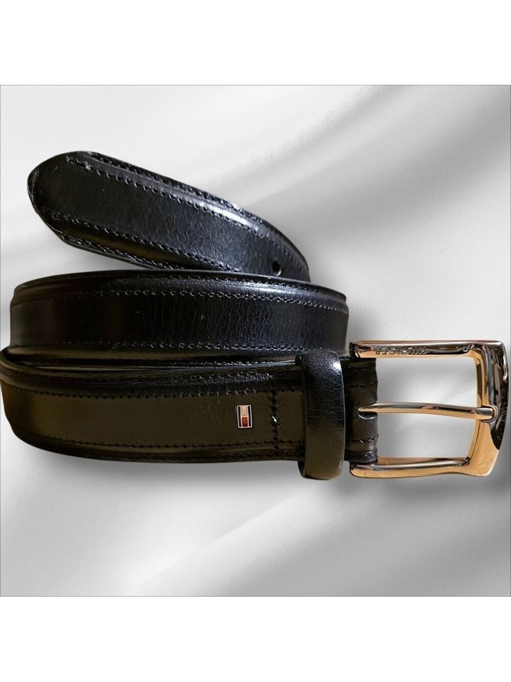 Tommy Hilfiger Black Leather Belt Silver Buckle Size 34 35 #BLT7